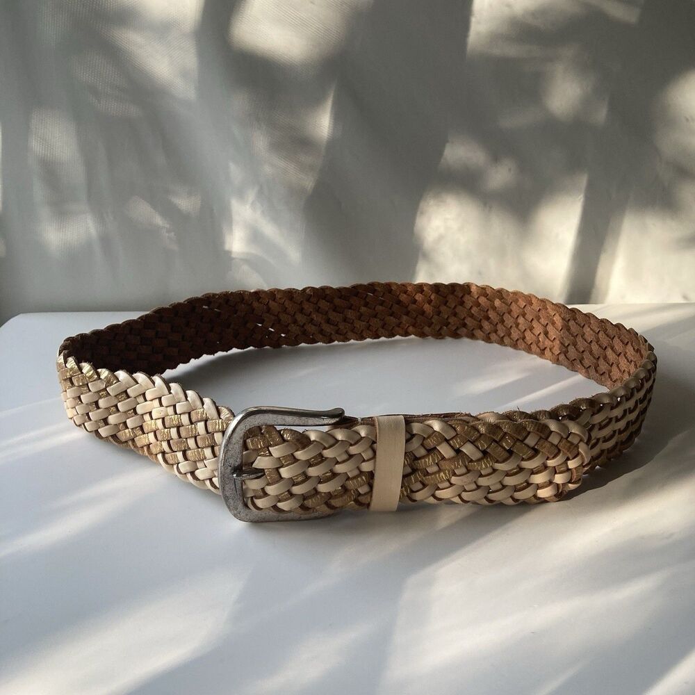 VTG Linea Pelle Braided Woven Leather Belt Women Medium Metallic Brass Boho
